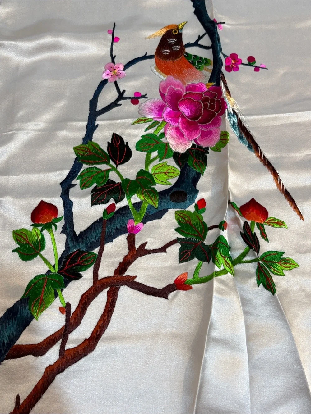 Vintage Chinese Silk Embroidered Bird & Blossom Wall Panel in White